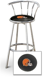 Bar Stool 29" Tall Chrome Finish Stool with a Backrest Featuring the Cleveland Browns NFL Team Logo Decal on a Black Vinyl Covered Swivel Seat Cushion