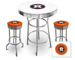 Bar Table Set 3 Piece with a White and Chrome Table Featuring the Houston Astros MLB Team Logo Decal with a Glass Top and 2-29" Tall Swivel Seat Stools with the Team Logo on Orange Vinyl Covered Seat Cushions