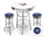 Bar Table Set 3 Piece with a White and Chrome Table Featuring the Toronto Blue Jays MLB Team Logo Decal with a Glass Top and 2-29" Tall Swivel Seat Stools with the Team Logo on Blue Vinyl Covered Seat Cushions