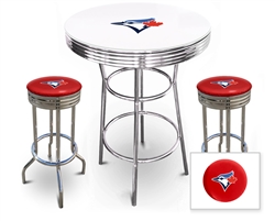 Bar Table Set 3 Piece with a White Table Featuring the Toronto Blue Jays MLB Team Logo Decal and 2-29" Tall Swivel Seat Stools with the Team Logo on Red Vinyl Covered Seat Cushions
