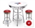 Bar Table Set 3 Piece with a White and Chrome Table Featuring the Toronto Blue Jays MLB Team Logo Decal with a Glass Top and 2-29" Tall Swivel Seat Stools with the Team Logo on Red Vinyl Covered Seat Cushions