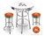 Bar Table Set 3 Piece with a White and Chrome Table Featuring the Miami Marlins MLB Team Logo Decal with a Glass Top and 2-29" Tall Swivel Seat Stools with the Team Logo on Orange Vinyl Covered Seat Cushions