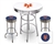 Bar Table Set 3 Piece with a White and Chrome Table Featuring the New York Mets MLB Team Logo Decal with a Glass Top and 2-29" Tall Swivel Seat Stools with the Team Logo on Blue Vinyl Covered Seat Cushions