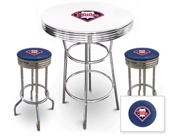 Bar Table Set 3 Piece with a White Table Featuring the Philadelphia Phillies MLB Team Logo Decal and 2-29" Tall Swivel Seat Stools with the Team Logo on Blue Vinyl Covered Seat Cushions