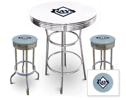 Bar Table Set 3 Piece with a White Table Featuring the Tampa Bay Rays MLB Team Logo Decal and 2-29" Tall Swivel Seat Stools with the Team Logo on Baby Blue Vinyl Covered Seat Cushions