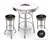Bar Table Set 3 Piece with a White and Chrome Table Featuring the Colorado Rockies MLB Team Logo Decal with a Glass Top and 2-29" Tall Swivel Seat Stools with the Team Logo on Black Vinyl Covered Seat Cushions