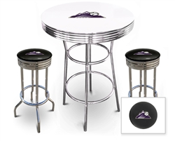 Bar Table Set 3 Piece with a White Table Featuring the Colorado Rockies MLB Team Logo Decal and 2-29" Tall Swivel Seat Stools with the Team Logo on Black Vinyl Covered Seat Cushions