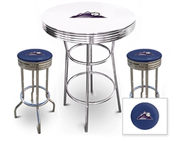 Bar Table Set 3 Piece with a White Table Featuring the Colorado Rockies MLB Team Logo Decal and 2-29" Tall Swivel Seat Stools with the Team Logo on Blue Vinyl Covered Seat Cushions