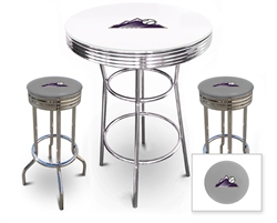 Bar Table Set 3 Piece with a White Table Featuring the Colorado Rockies MLB Team Logo Decal and 2-29" Tall Swivel Seat Stools with the Team Logo on Gray Vinyl Covered Seat Cushions