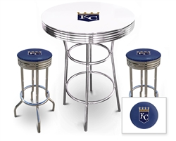 Bar Table Set 3 Piece with a White Table Featuring the Kansas City Royals MLB Team Logo Decal and 2-29" Tall Swivel Seat Stools with the Team Logo on Blue Vinyl Covered Seat Cushions