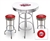 Bar Table Set 3 Piece with a White and Chrome Table Featuring the Minnesota Twins MLB Team Logo Decal with a Glass Top and 2-29" Tall Swivel Seat Stools with the Team Logo on Red Vinyl Covered Seat Cushions