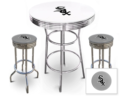 Bar Table Set 3 Piece with a White Table Featuring the Chicago White Sox MLB Team Logo Decal and 2-29" Tall Swivel Seat Stools with the Team Logo on Gray Vinyl Covered Seat Cushions