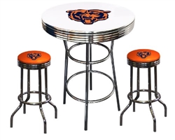 Bar Table Set 3 Piece with a White Table Featuring the Chicago Bears NFL Team Logo Decal and 2-29" Tall Swivel Seat Stools with the Team Logo on Orange Vinyl Covered Seat Cushions