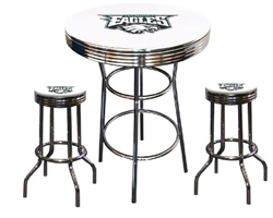 Bar Table Set 3 Piece with a White Table Featuring the Philadelphia Eagles NFL Team Logo Decal and 2-29" Tall Swivel Seat Stools with the Team Logo on White Vinyl Covered Seat Cushions