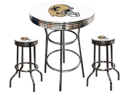 Bar Table Set 3 Piece with a White Table Featuring the New Orleans Saints Helmet NFL Team Logo Decal and 2-29" Tall Swivel Seat Stools with the Team Logo on White Vinyl Covered Seat Cushions