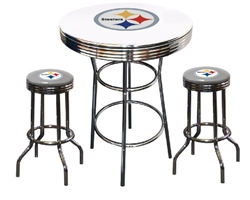Bar Table Set 3 Piece with a White Table Featuring the Pittsburgh Steelers NFL Team Logo Decal and 2-29" Tall Swivel Seat Stools with the Team Logo on Gray Vinyl Covered Seat Cushions