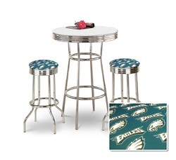 36" Tall Chrome Bar Table & 2 Philadelphia Eagles NFL Fabric Seat Barstools