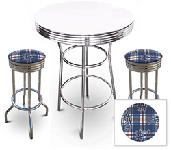 Bar Table Set 3-Piece White and Chrome Table with 2 – 29” Swivel Stools Featuring the Los Angeles Dodgers MLB Fleece Team Fabric and Clear Vinyl Covered Seat Cushions