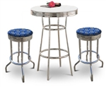 Bar Table Set 3-Piece White and Chrome Table with 2 – 29” Swivel Stools Featuring the Detriot Lions NFL Team Fabric and Clear Vinyl Covered Seat Cushions