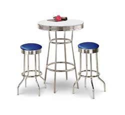 36" Tall Chrome Bar Table & 2 Glitter Blue Vinyl Seat Barstools