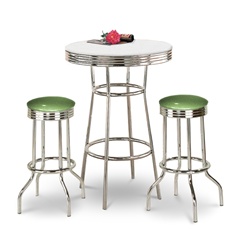 36" Tall Chrome Bar Table & 2 Glitter Emerald Vinyl Seat Barstools