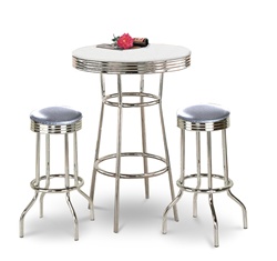 36" Tall Chrome Bar Table & 2 Glitter Silver Vinyl Seat Barstools