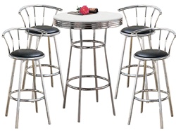 Metal Bar Table with White Table Top & Pub Set With 4 Swivel Seat Bar Stools with Back Rests bistro table set kitchen table sets apartment table dorm table set man cave mancave