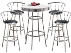 Metal Bar Table with White Table Top & Pub Set With 4 Swivel Seat Bar Stools with Back Rests bistro table set kitchen table sets apartment table dorm table set man cave mancave