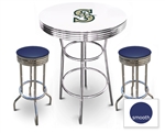 White 3-Piece Pub/Bar Table Set Featuring the Seattle Mariners MLB Team Logo Decal and 2 Blue Vinyl Covered Swivel Seat Cushions