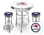 New Gas Themed 3 Piece Bar Table Set Includes 2 Swivel Seat Bar Stools featuring Mobil Gas Theme with Blue Seat Cushion