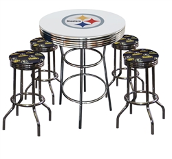 PITTSBURGH STEELERS LOGO METAL CHROME BAR TABLE GLASS TOP W/ 4 BLACK FABRIC CUSHION SWIVEL BAR STOOLS