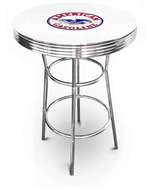 New Vintage Gasoline Themed 42" Tall Chrome Metal Bar Table with White Table Top Featuring American Gasoline Logo Theme!