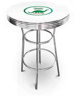 New Vintage Gasoline Themed 42" Tall Chrome Metal Bar Table with White Table Top Featuring Dino Gasoline Logo Theme!