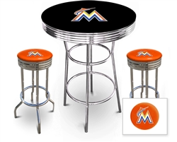 3 Piece Black Pub/Bar Table Featuring the Miami Marlins MLB Team Logo Decal and 2 Orange Vinyl Team Logo Decal Swivel Stools