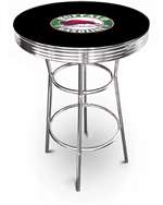 New Vintage Gasoline Themed 42" Tall Chrome Metal Bar Table with Black Table Top Featuring Buffalo Gasoline Logo Theme!