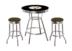 3 Piece Black Pub/Bar Table Featuring the Pittsburgh Steelers NFL Team Logo Decal and 2-29" Team Logo Fabric Covered Swivel Stools