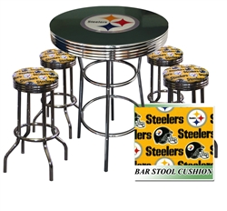 PITTSBURGH STEELERS LOGO CHROME METAL GLASS TOP BAR TABLE W/ 4 YELLOW FABRIC SWIVEL BAR STOOLS CUSHION SWIVEL BAR STOOLS