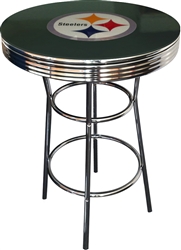 PITTSBURGH STEELERS BLACK FABRIC GLASS TOP CHROME METAL FINISH BISTRO PUB BAR TABLE