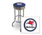 New 29" Tall Chrome Swivel Seat Bar Stool featuring Mobil Gas Theme with Blue Seat Cushion