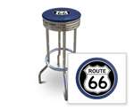 New 29" Tall Chrome Swivel Seat Bar Stool featuring Route 66 Theme with Blue Seat Cushion