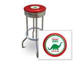 New 29" Tall Chrome Swivel Seat Bar Stool featuring Dino Gas Theme with Red Seat Cushion