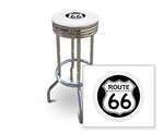 New 24" Tall Chrome Swivel Seat Bar Stool featuring Route 66 Theme with White Seat Cushion