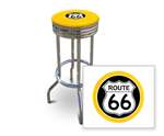 New 24" Tall Chrome Swivel Seat Bar Stool featuring Route 66 Theme with Yellow Seat Cushion