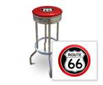 New 24" Tall Chrome Swivel Seat Bar Stool featuring Route 66 Theme with Red Seat Cushion