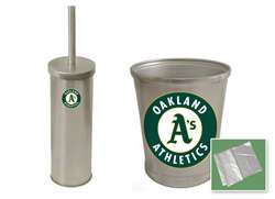New Brushed Aluminum Finish Toilet Brush and Holder & Trash Can Set featuring Oakland A's MLB Team Logo