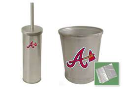 New Brushed Aluminum Finish Toilet Brush and Holder & Trash Can Set featuring Atlanta Braves MLB Team Logo