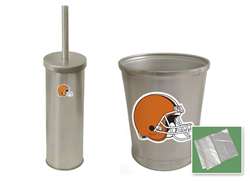 New Brushed Aluminum Finish Toilet Brush and Holder & Trash Can Set featuring Cleveland Browns Helmet NFL Team Logo