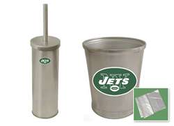 New Brushed Aluminum Finish Toilet Brush and Holder & Trash Can Set featuring New York Jets NFL Team Logo