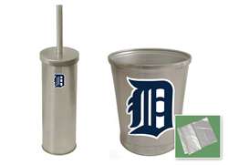 New Brushed Aluminum Finish Toilet Brush and Holder & Trash Can Set featuring Detroit Tigers MLB Team Logo