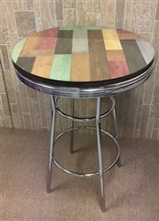 Rustic Man Cave Pine Wood and Chrome Bar Table with a Glass Table Top